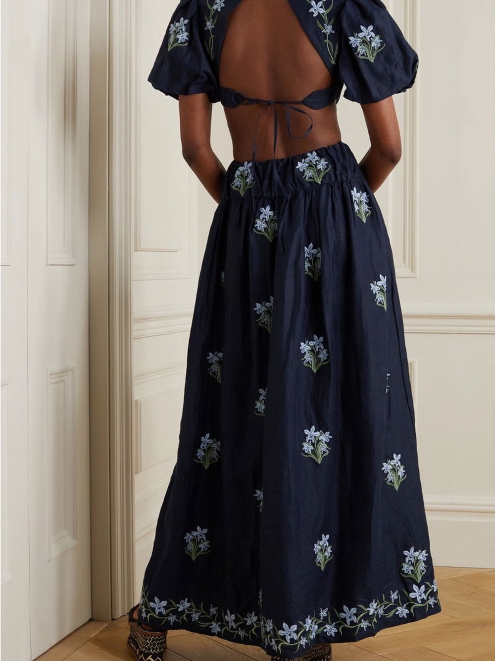 Agua by Agua Bendita Navy Floral Cutout Maxi with Puff Sleeves - Picture 2 of 9